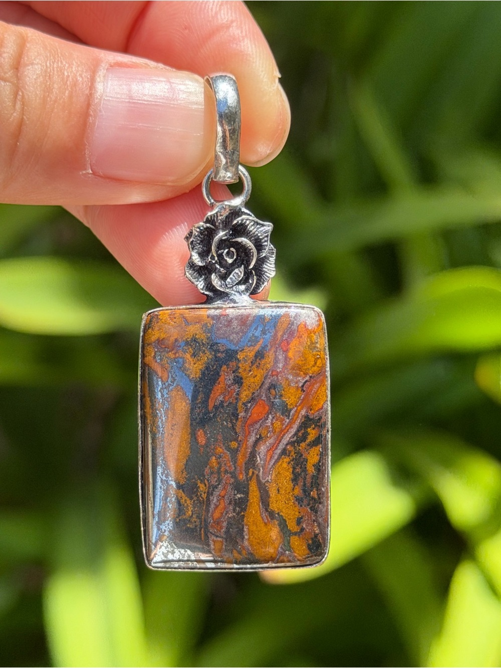 Sterling Silver Flower Boulder Opal Pendant - Brown Orange Pattern Palo